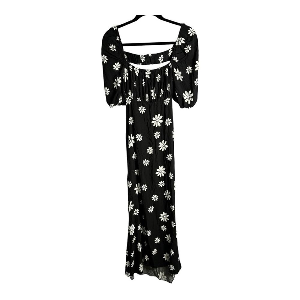 ASOS Black White Floral Long Dress Puff Sleeves Open Back 12